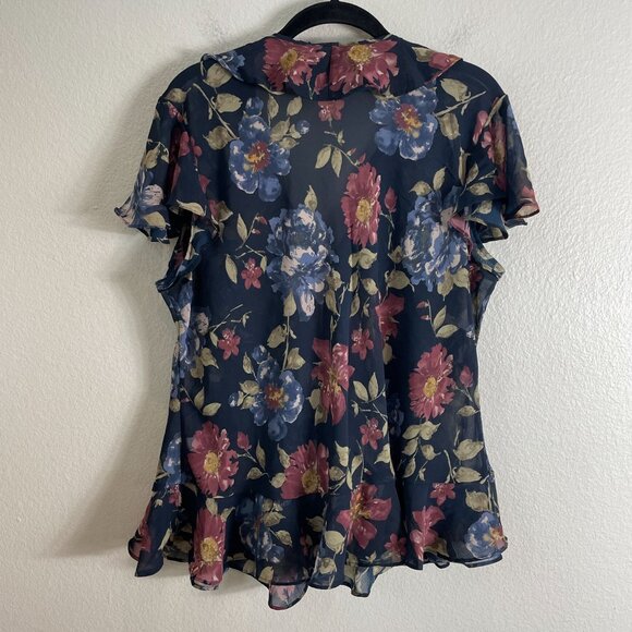 Chaps Womens Plus 1X Floral Ruffle Blouse Sheer Lightweight Short Sleeve Shirt - Picture 8 of 8
